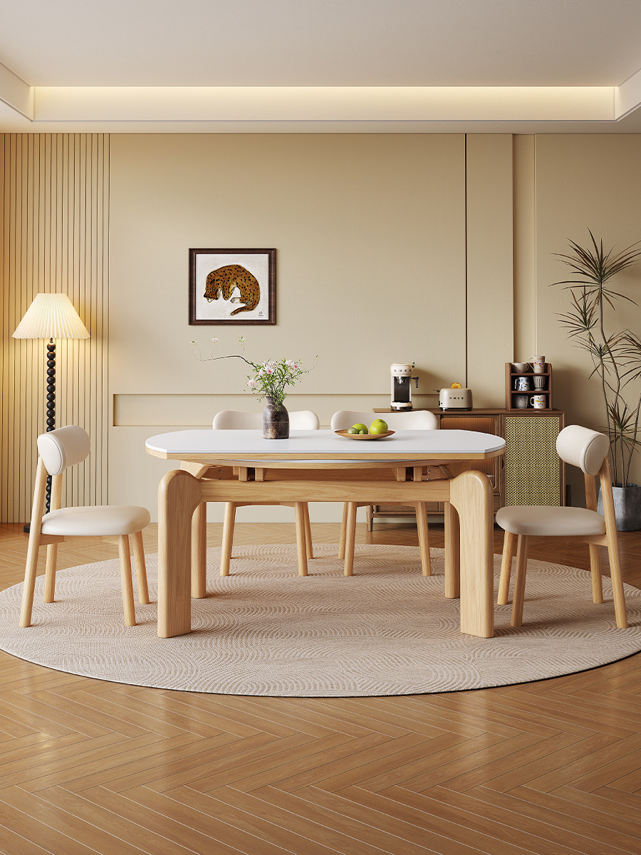 Cream Style Slate Dining Table and Chair Combination Small Household Retractable Solid Wood Rectangular Square Table Variable Round Table