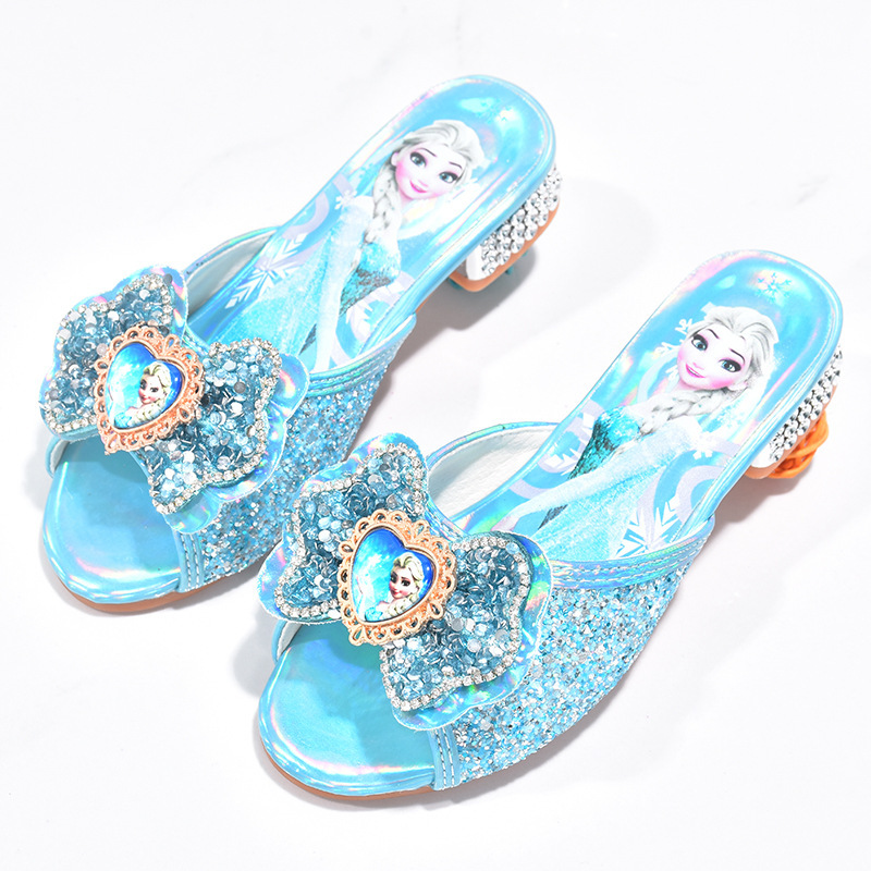 Frozen Elsa Blue Princess Shoes Summer Children's Slippers Cute Little Girls High Heels Girls Sandals