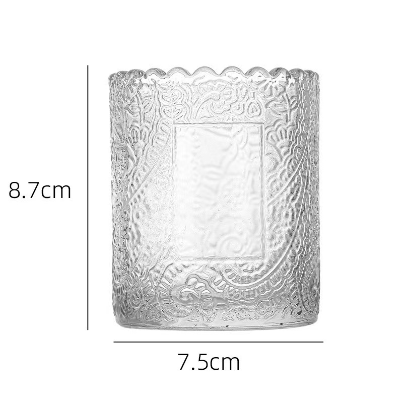 Relieve taza de cera de incienso taza de vidrio punto vertical cuadrado taza de cera de té encaje taza de candelabro hecha en casa candelabro DIY