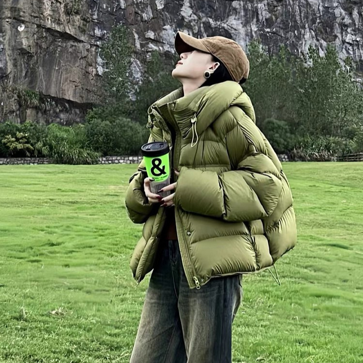 羽绒棉服女短款2025秋冬纯色泡芙连帽宽松面包服加厚保暖棉服外套