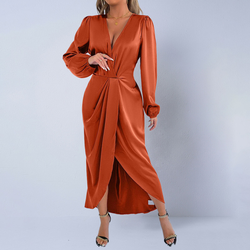 Real Shot of Foreign Trade Women's Clothing, European and American Style Satin Dress, 2025 Spring and Autumn New High-End Satin Long Dress