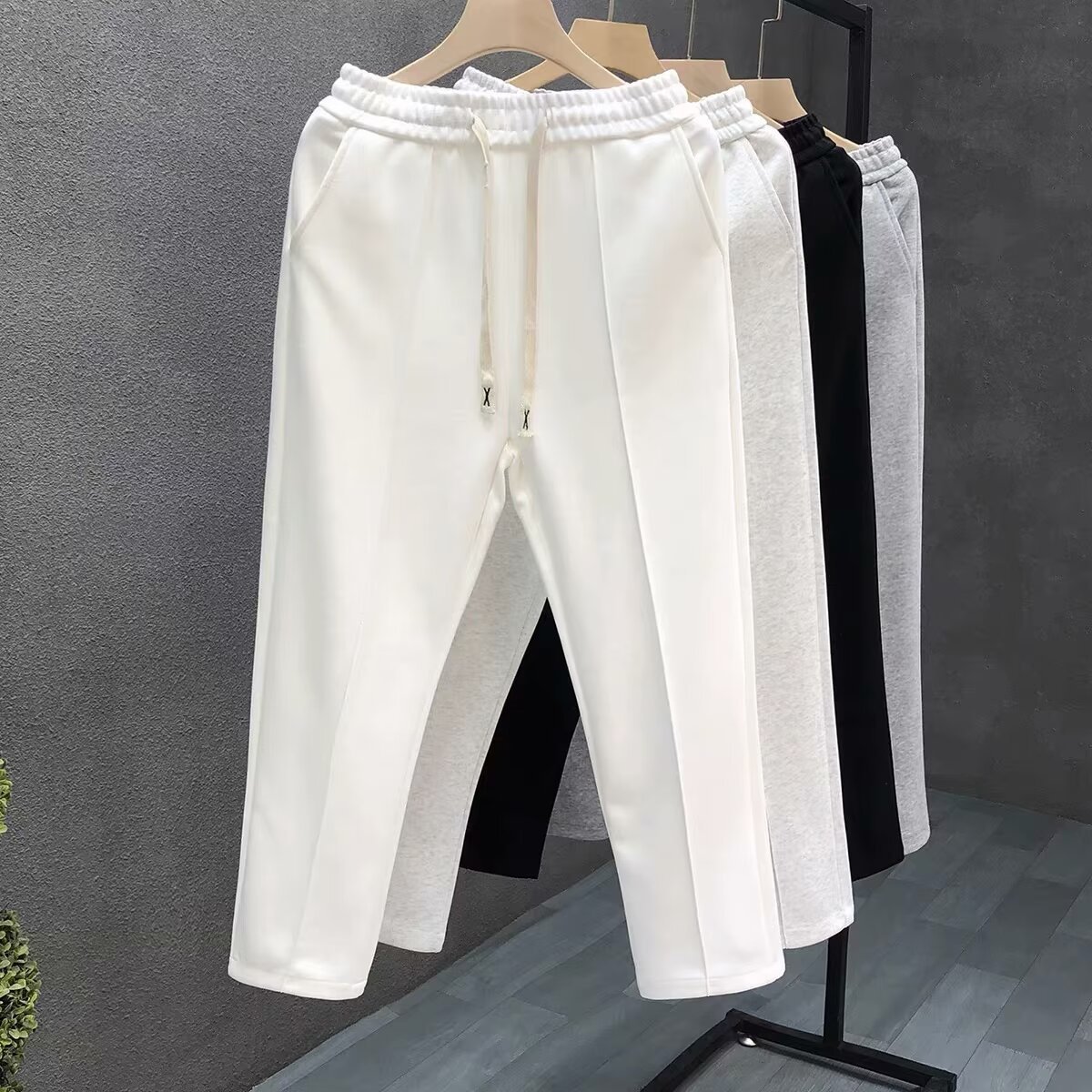 2024 Spring and Autumn Draping Casual Trousers Men's Trendy Brand Simple Solid Color Staggered Waist Straight Tether Trousers