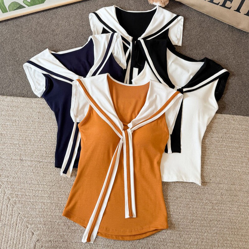 Korean-Style Faux Two-Piece Shawl Tie-Up Knit Vest for Women, Summer Pure Desire Style, Slim Fit, Slimming, Navy Collar Top