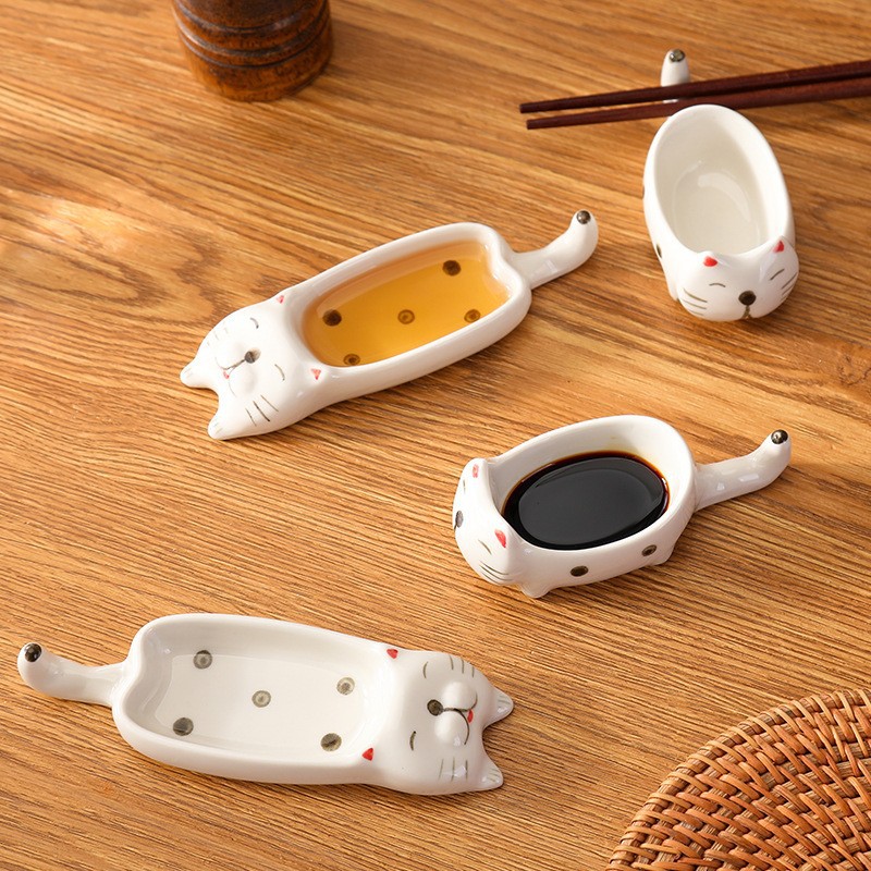 Ceramic Small Plate Cat Flavor Plate Ceramic High-Quality Flavor Plate Chopstick Stand Dual-Purpose Multi-Functional Household Item
