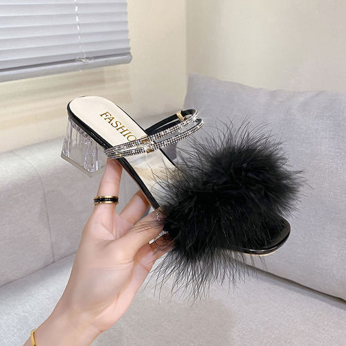 French fairy style two-way plush cool slippers, summer new version, height increasing, slimming, crystal thick sole, stylish and versatile sandals