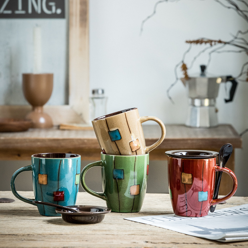 Vintage horno taza de café con tapa cuchara personalizada Taza de cerámica Oficina taza de agua regalo del hogar taza de tambor