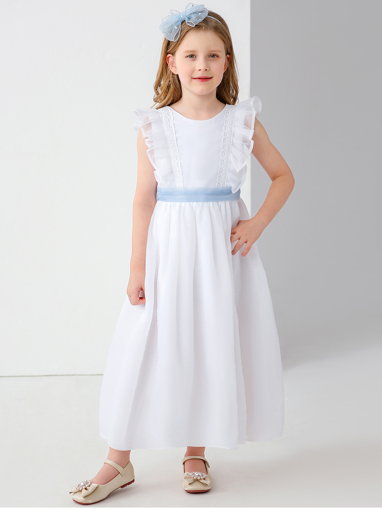 Vestido de novia para niños europeo y americano transfronterizo, vestido de princesa de rendimiento de niña de flores de encaje de lazo de niña de comercio exterior, vestido largo