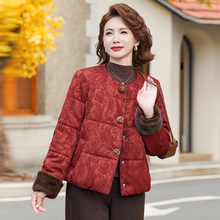 商超批发圆领红色羽绒棉服外套中年妈妈女装50岁中年女装高档棉袄