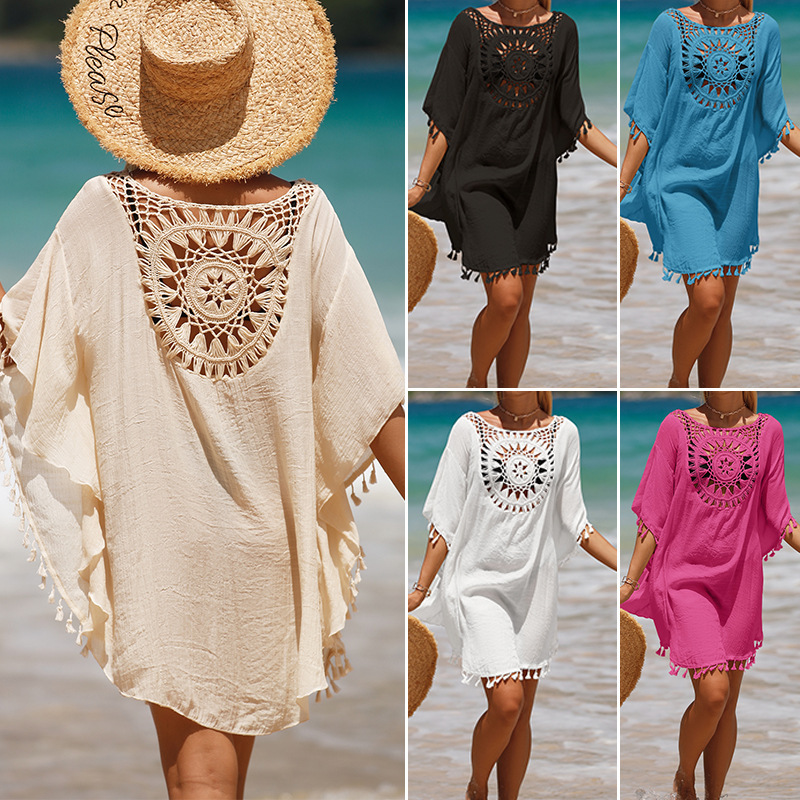 Cross-border Holiday Hook Solid Color Stitching European and American Beach Dress Small Tassel Sunscreen Short Sexy Beach Blouse