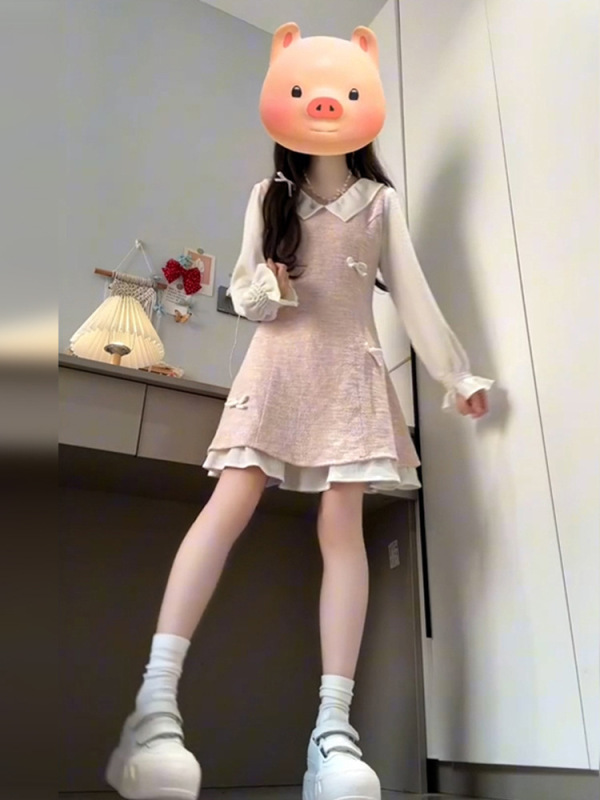 小个子绝美粉色连衣裙子女初秋季2025新爆款假两件miu系穿搭短裙|undefined