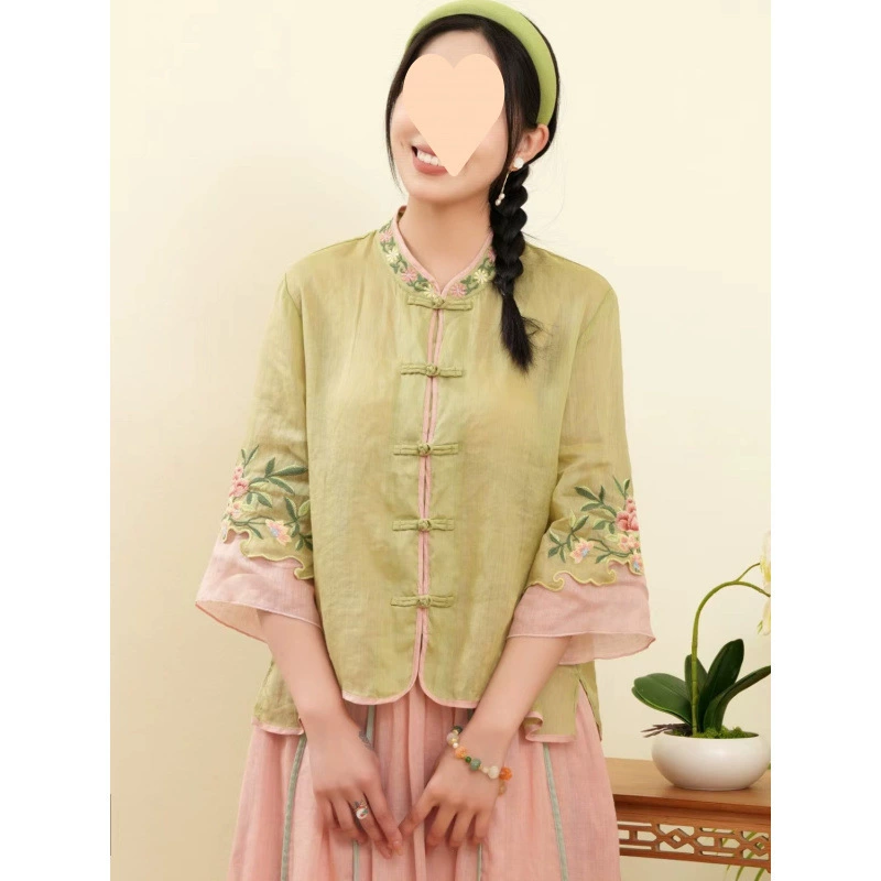 Топы в китайском стиле для женщин, летние рубашки в китайском стиле в стиле ретро, ​​вышитые пряжками, трехточечные художественные свободные топы из хлопка и льна в китайском стиле для женщин