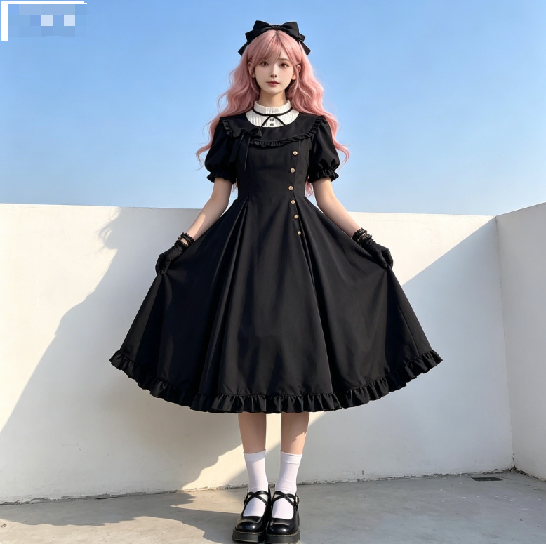 Japanese-Style Dark Gothic Style Elegant Lolita Dress with Contrasting Color Patchwork Collar and Waist-Cinching Long Dress