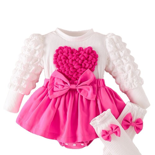 Baby girl love bubble sleeves, suit, onepiece dress, bow skirt, hair band, socks, three-piece set