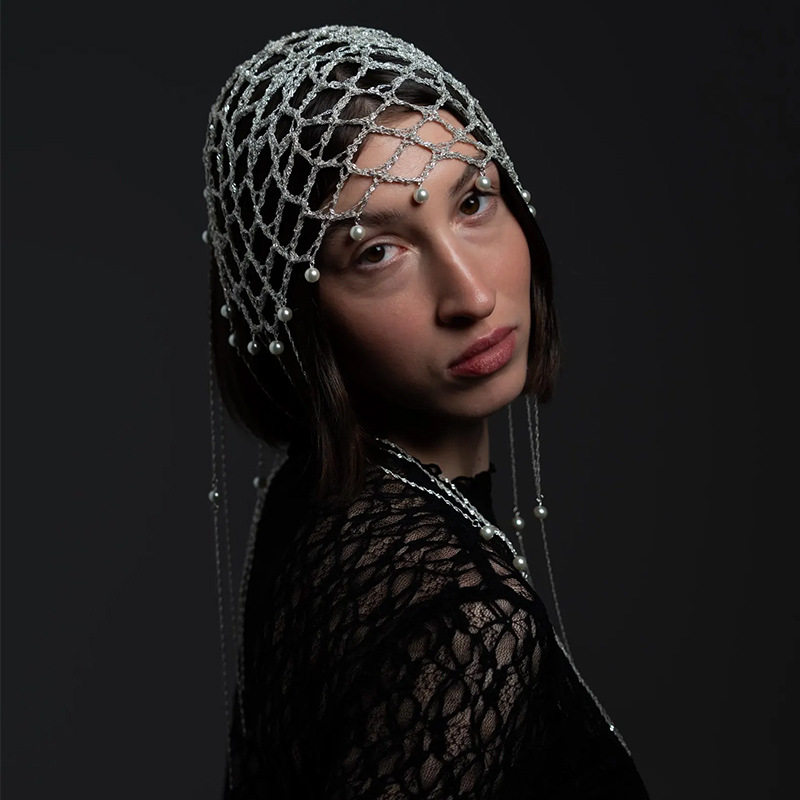 Cross-Border Exclusive Supply of Mesh Pearl Pendant Hair Chain, Exaggerated High-End Tassel Mesh Hat, Bridal Evening Headpiece