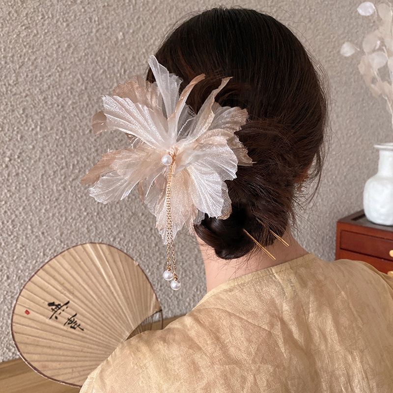 スーパーフェアリーシフォンフラワーヘアピン新中国風のパールタッセルヘアピン女性のための 2025 新しい古代スタイルのヘアアクセサリー卸売|undefined