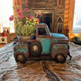 跨境创意复古绿色小卡车鲜花植物多肉盆栽花盆摆件树脂雕像工艺品