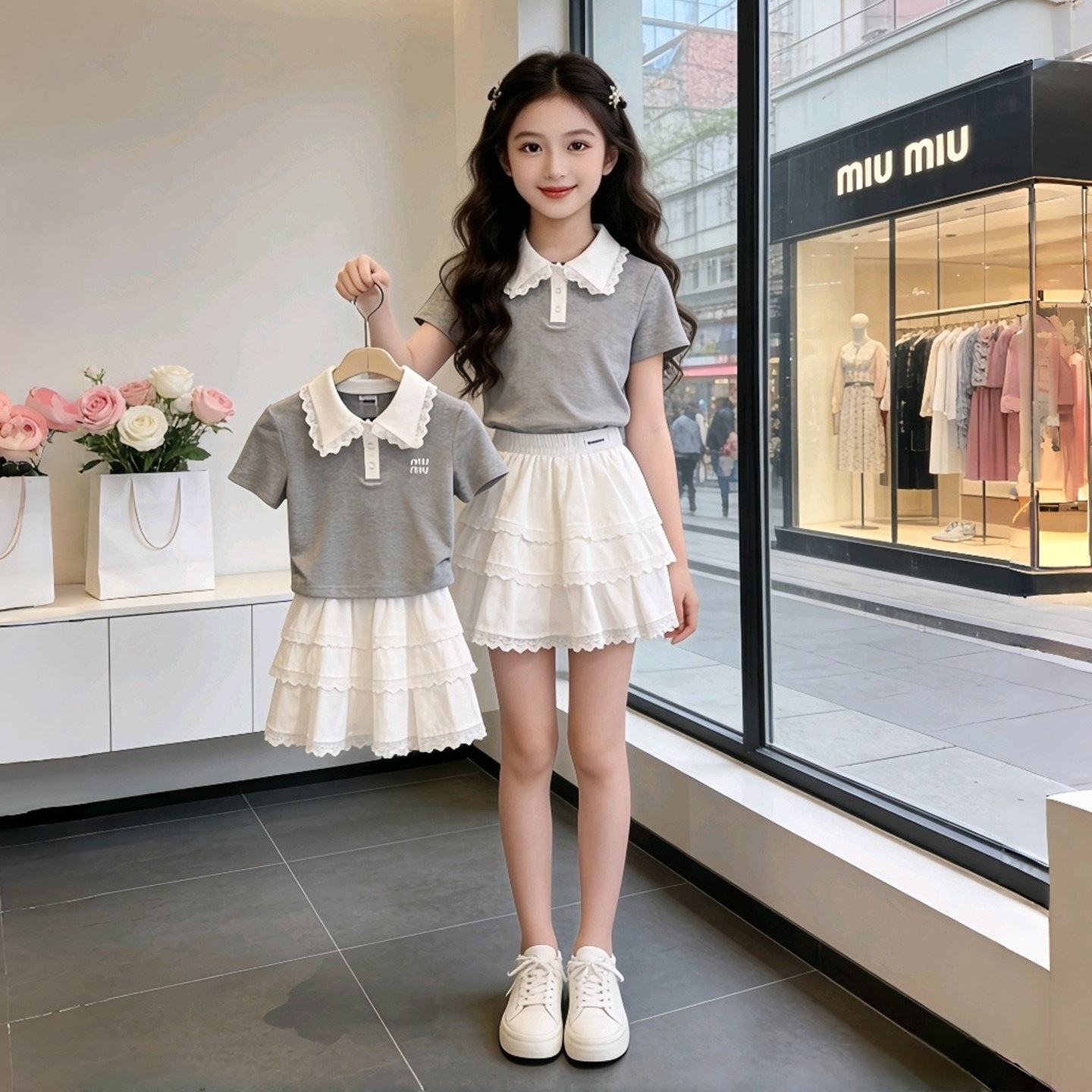 Girls' schoolgirl style summer thin casual fashionable little girl polo collar top and skirt children's clothing