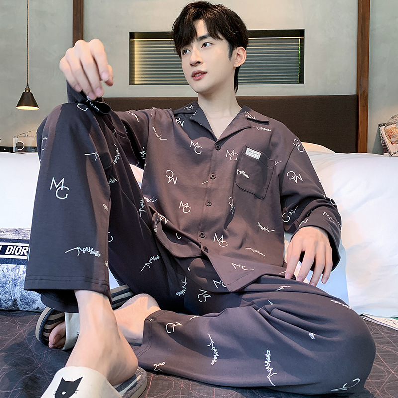 Pijamas de los hombres de primavera y otoño de manga larga casual de los hombres más el tamaño de la juventud suelta temperamento de mediana edad conjunto completo traje de moda para el hogar