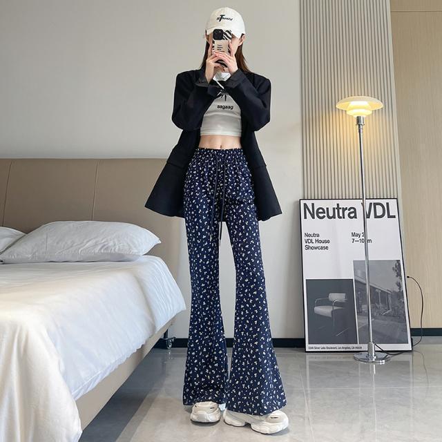 复古碎花休闲裤女2025早秋新款高腰修身微喇裤垂感阔腿拖地长裤子|undefined