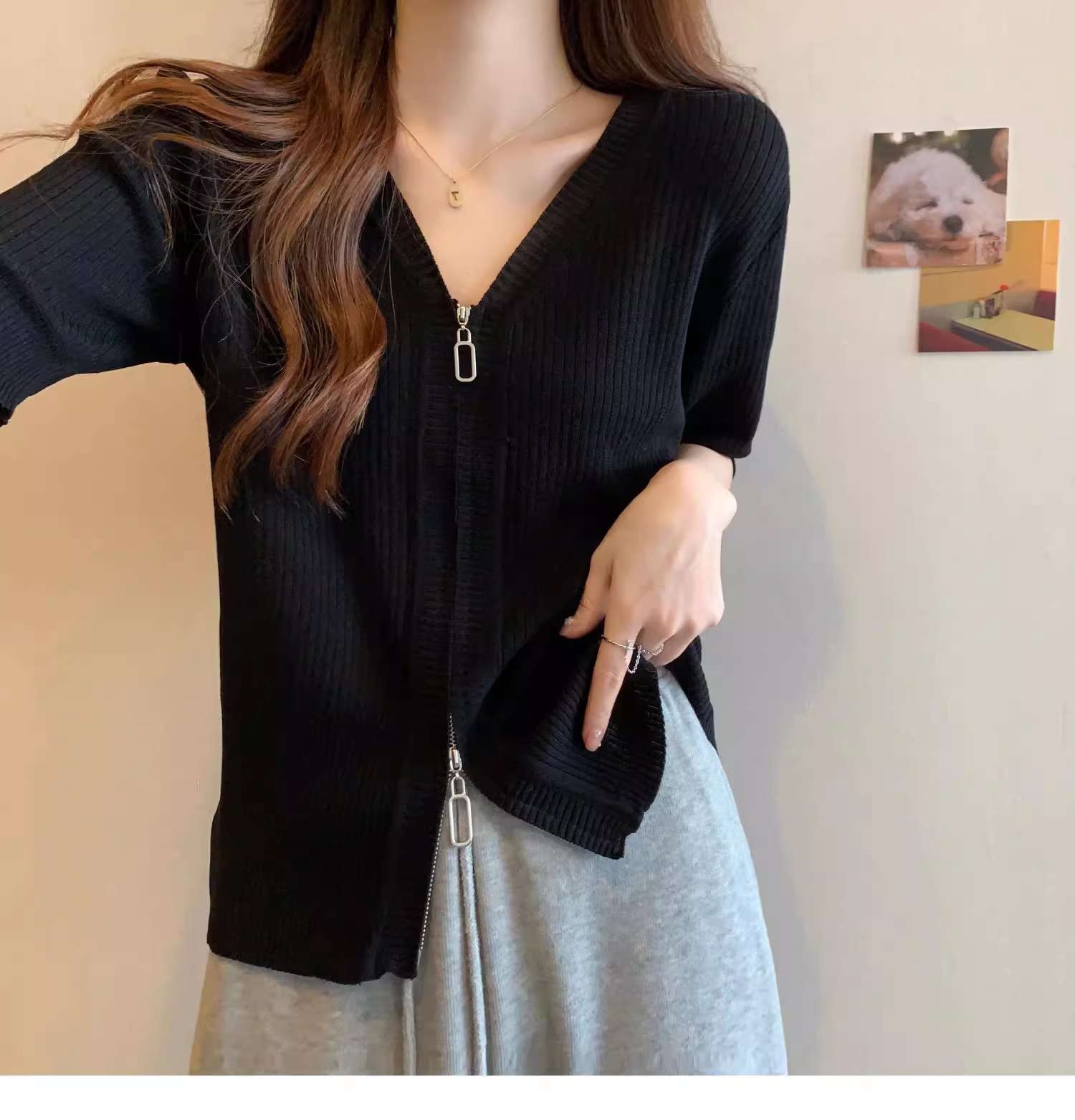 Áo len ngắn tay nữ cỡ lớn phong cách Hàn Quốc, chất liệu lụa mát, có dây kéo, che bụng hiệu quả — Màu đen chi tiết 4