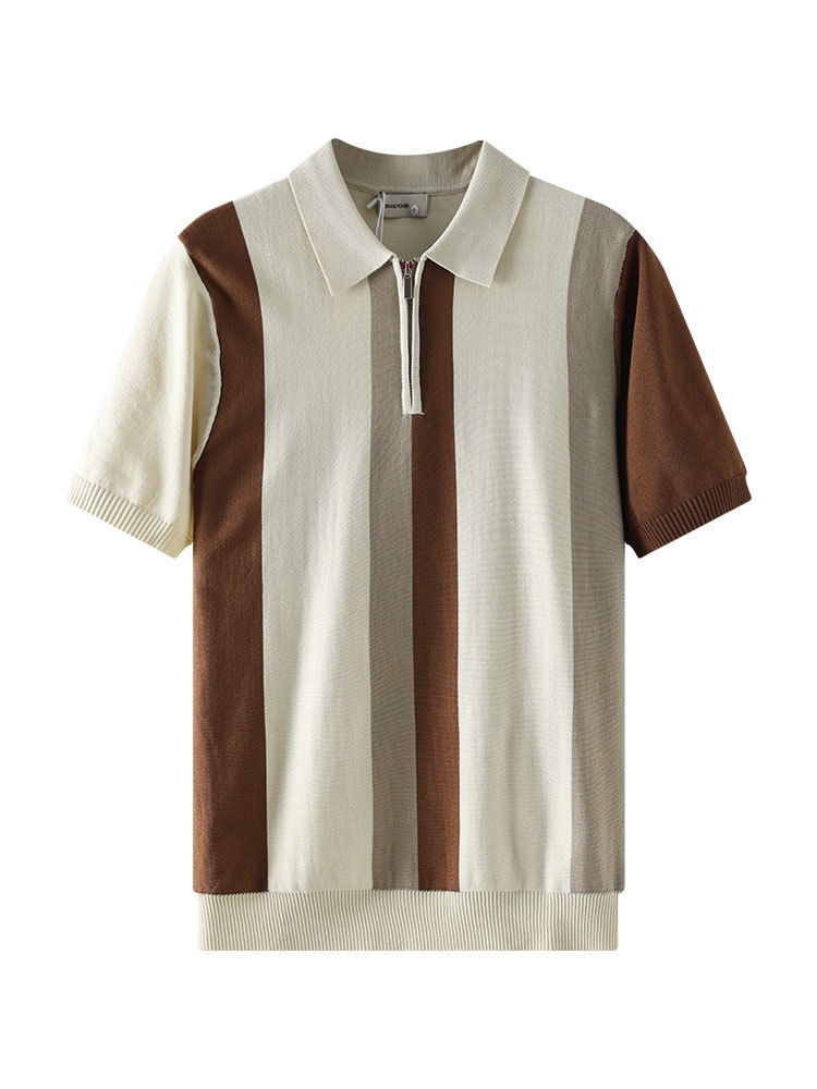 Hombres Europeos y americanos a rayas polo de punto hombre lujo ligero de alto nivel con solapa casual de manga corta con camiseta de cuello de hombre