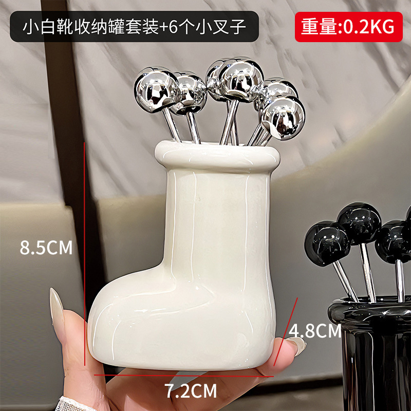 フルーツフォークセット高級感ケーキデザートステンレスフォーク家庭用軽贅沢陶磁器果物サイン収納缶|undefined