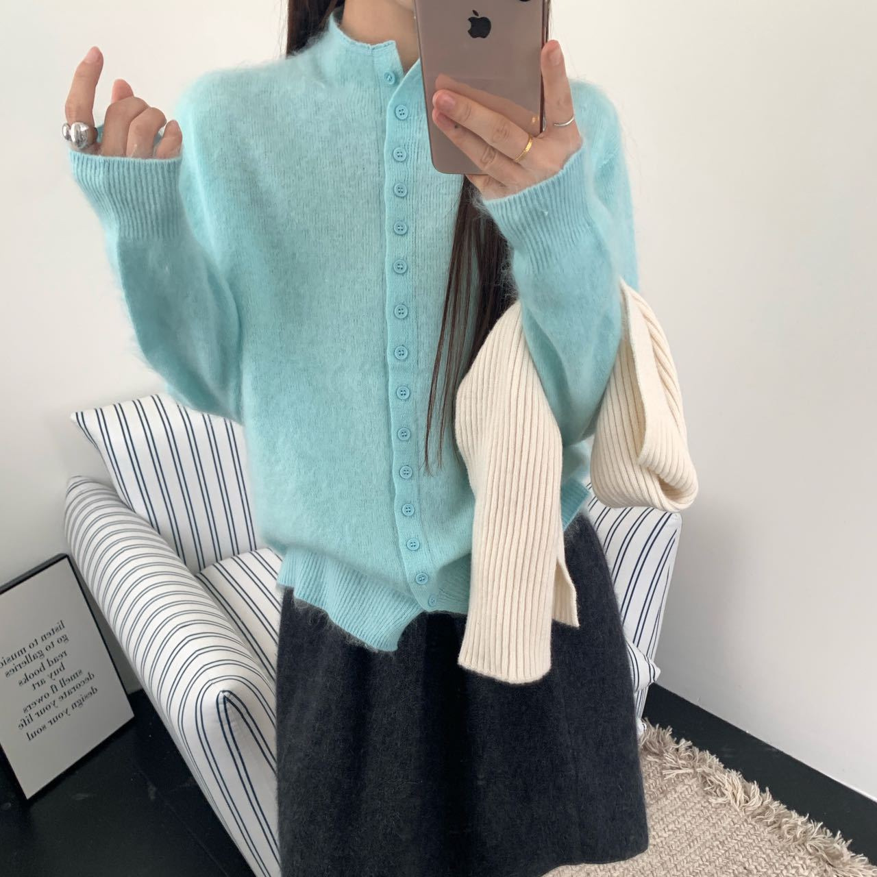 New winter thickened warm half-high collar cashmere wool fleece cardigan women's button-up sweater knitwear woolen sweater