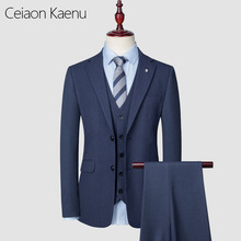 戗驳领西服套装男士商务修身竖条纹休闲西装三件套新郎结婚礼服男