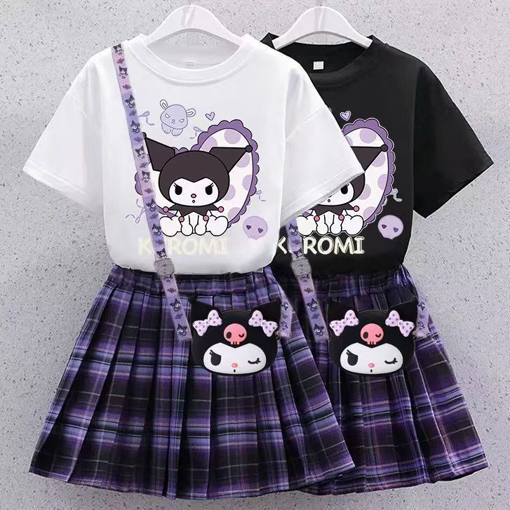 Kuromi Girls Pure Cotton Summer Suit 2025 New Medium and Large Children's Short-Sleeved Pleated Skirt Two-Piece Set Exclusively for Export