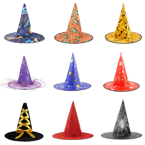 Halloween Hat: Witch Party Decor – Curved Edge Mesh, Pumpkin Print, Magic Wizard Cap with Black Tip