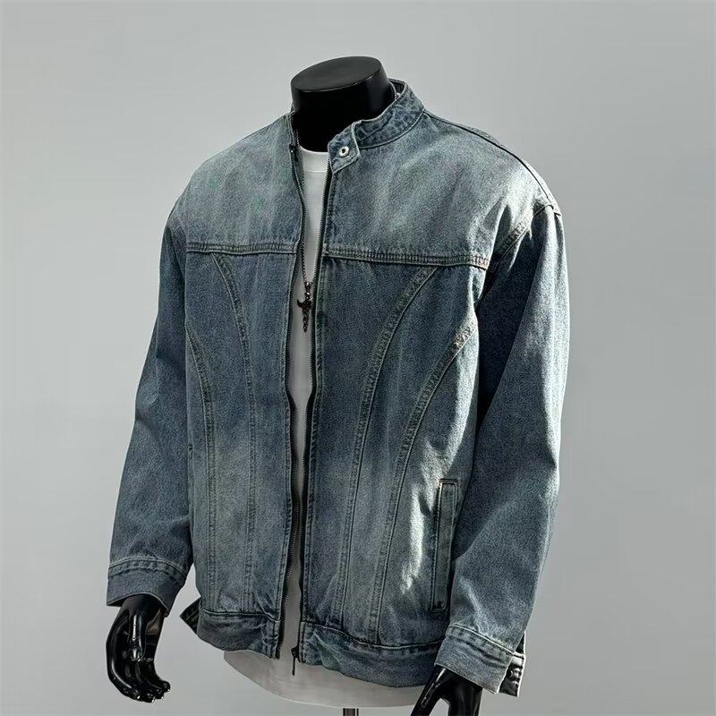 Washed Denim Jacket, Men's Casual Stand Up Collar Versatile Workwear Jacket, Vintage Top_voghion.com