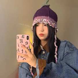 紫色茄子搞怪可爱手工针织毛线帽子女秋冬保暖护耳冷帽雷锋帽潮人
