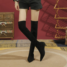 2025新款绒面过膝长筒靴不掉筒黑色基础款秋冬袜靴时尚弹力高跟靴