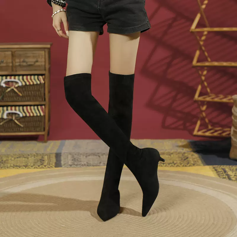 2025新款绒面过膝长筒靴不掉筒黑色基础款秋冬袜靴时尚弹力高跟靴