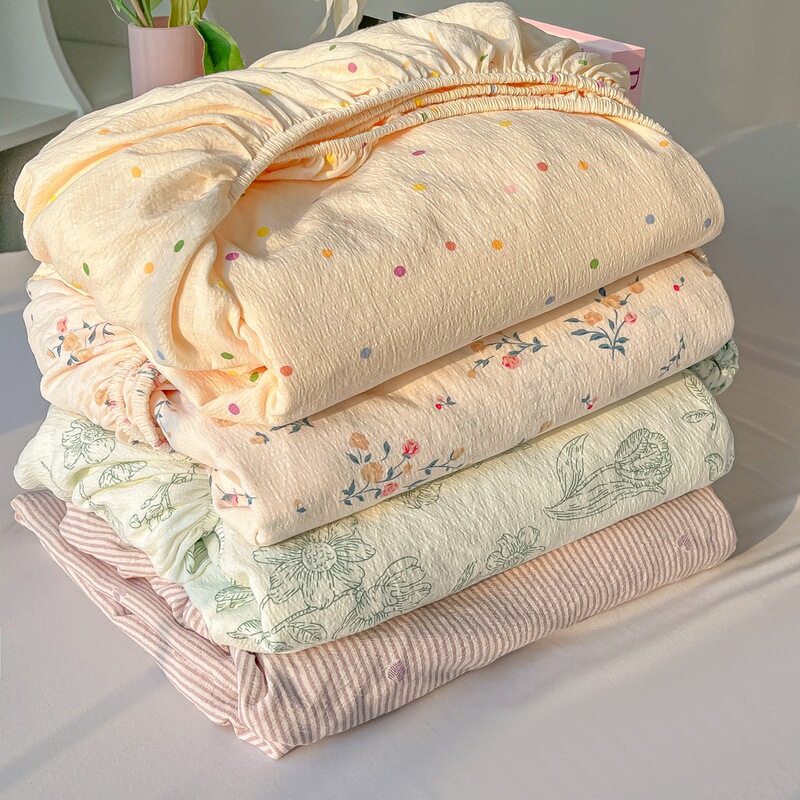 Four-Season Universal Washed Cotton Double-Layer Gauze Fitted Sheet Single-Piece All-Inclusive Anti-Slip Household Double Mattress Dust Cover Three-Piece Set