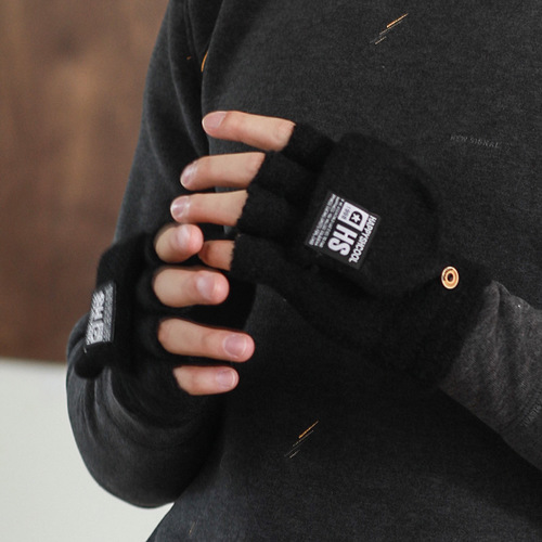 Winter Warm Men's Fleece Lined Reversible Touch Finger Mitts Knit Fashion Student Cycling Writing Gloves