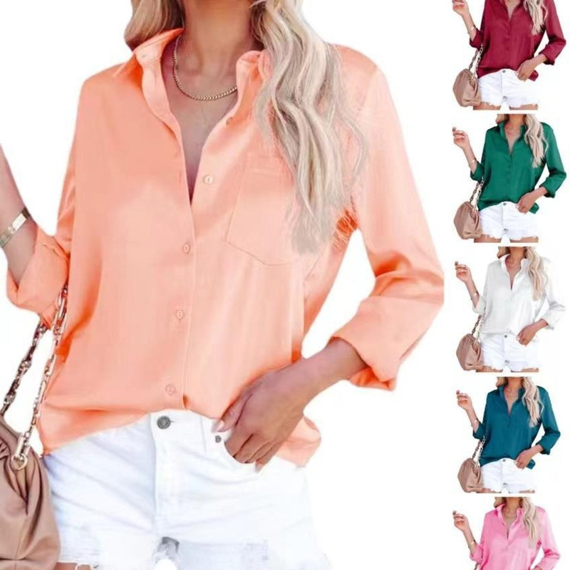 European and American Women's Clothing 2026 Spring New Amazon Satin Long-Sleeve V-Neck Office Business Shirt in Stock Short-Sleeve