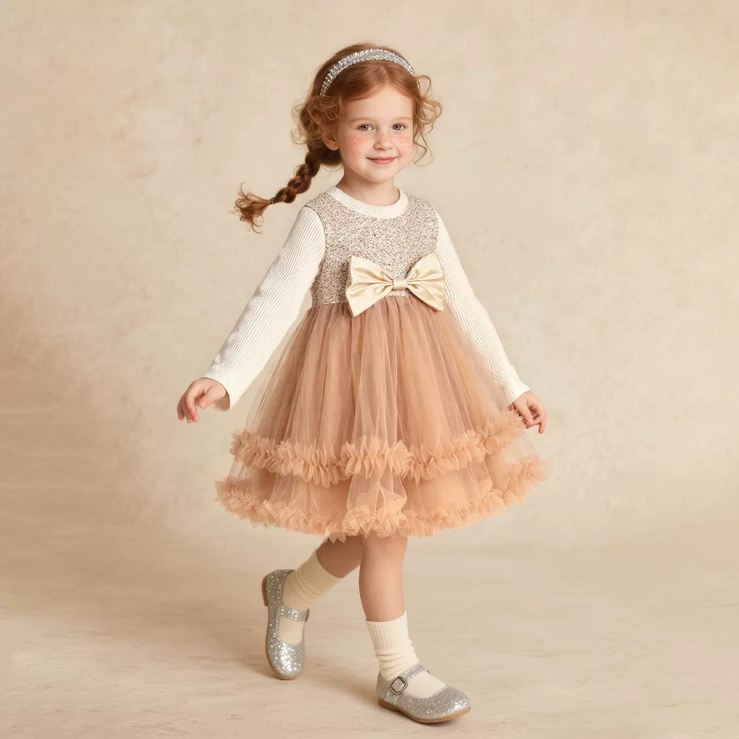 童贝童装2025年秋季新款女童连衣裙蝴蝶结拼接网纱亮片公主裙