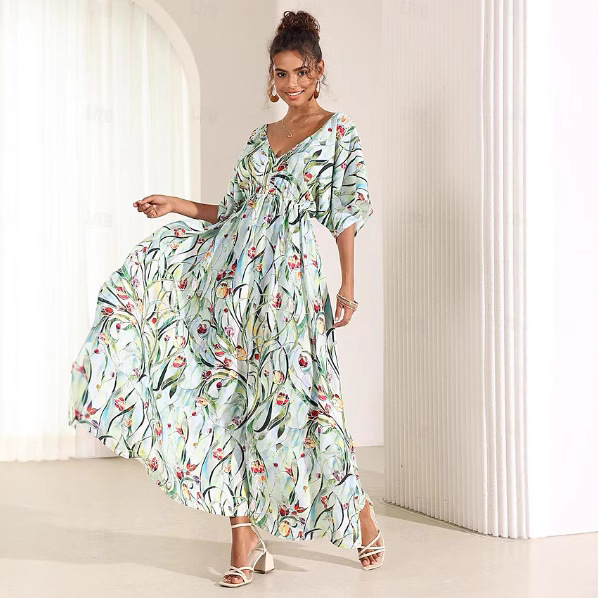 2024 neues mittellanges Kleid mit Blumendruck und V-Ausschnitt, kurzen Ärmeln für Damen_voghion.com