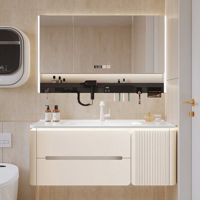 Cream-Style Bathroom Vanity with Oak Lacquered Ceramic Integrated Basin, Minimalist Bathroom Cabinet Washstand