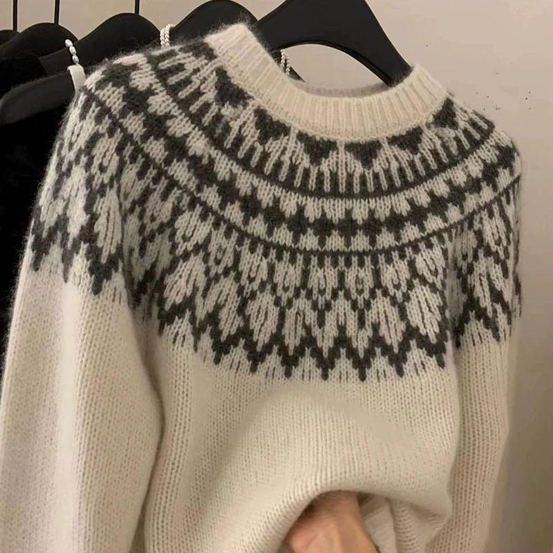 В этническом стиле Осень-зима Новый 100 шерстяной утолщенный винтажный жаккардовый свитер с круглым вырезом Женский вязаный свитер Топ