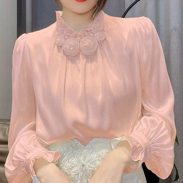 花朵缎面设计感百搭休闲衬衫女2025春装新款减龄宽松外穿长袖上衣