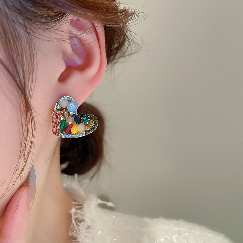 Cute Heart Shape Copper Plating Rhinestones Earrings 1 Pair