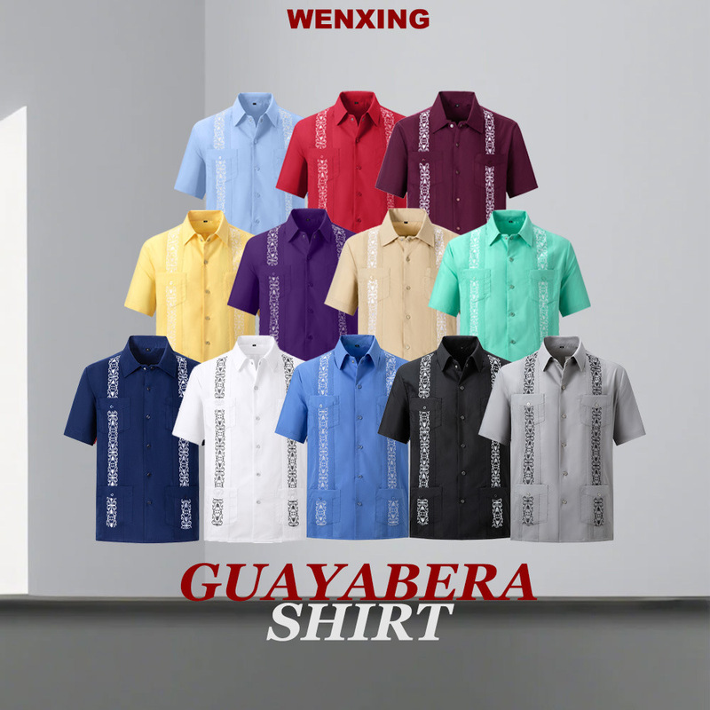 European and American Guaya Bella Embroidered Shirt with Buttons, Men's Short-Sleeve Four-Pocket Shirt, Direct Sale from Manufacturer Dacheng