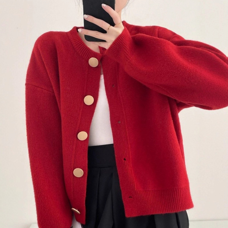 Single-Breasted Pure Color Knitted Sweater Outer Cardigan, Stylish, Lazy, Loose Round Neck Top for Women, Spring & Fall Design