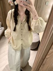 早秋日系双条纹港风衬衣长袖衬衫宽松复古上衣女洋气减龄百搭显瘦