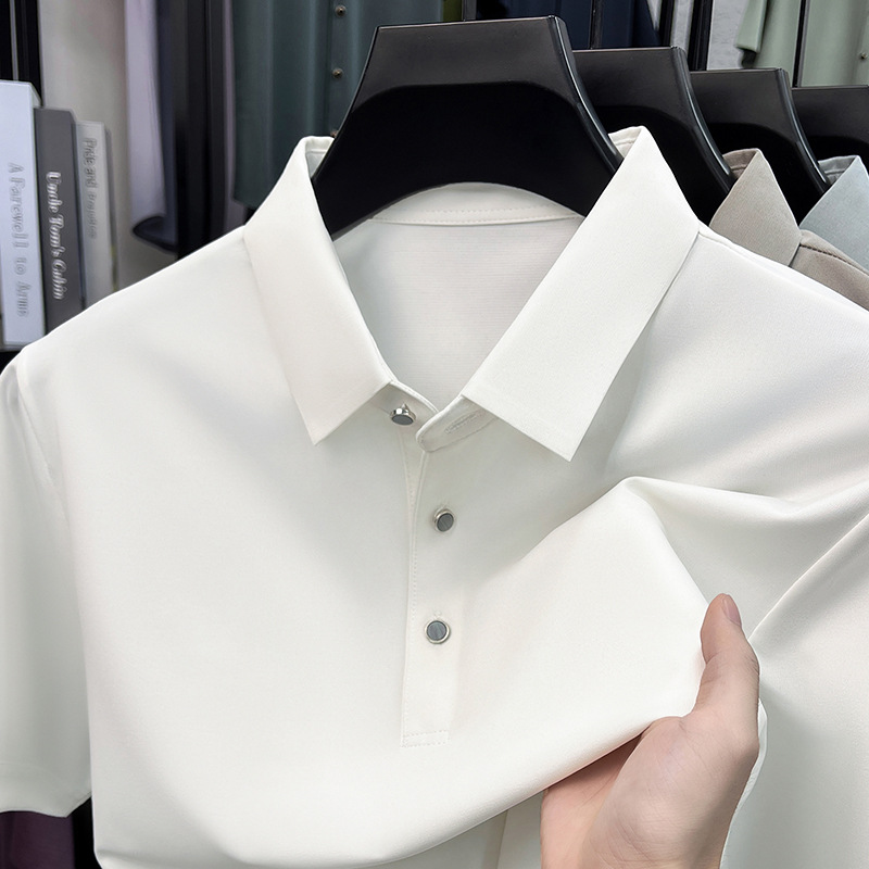 Summer New Style Lapel Ice Silk Short-Sleeved Antibacterial T-Shirt Casual Men's High-End Mulberry Polo Shirt