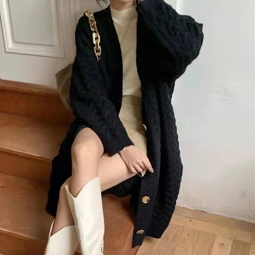 Languid-style solid color mid-length cardigan for women, suitable for spring, autumn, and winter, unique design sense, knee-length knitted sweater, loose outerwear