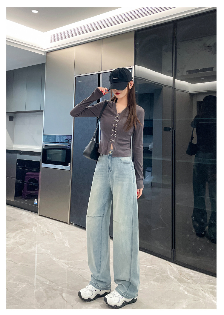 Light blue straight-leg wide-leg jeans for women, Spring 2025 new style loose and slimming Hong Kong-style high-waisted narrow pants pic 17