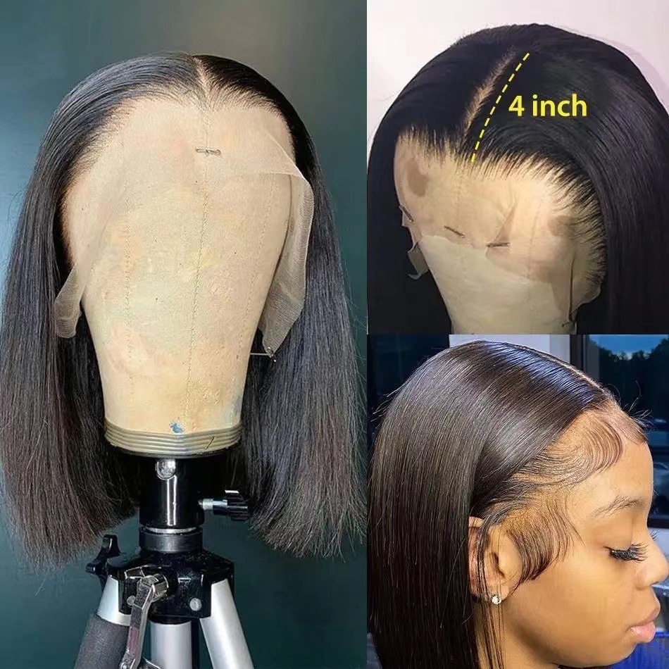 Peruca feminina estilo europeu/americano com renda 13x4, cobertura total da cabeça, corte bob curto e liso._voghion.com